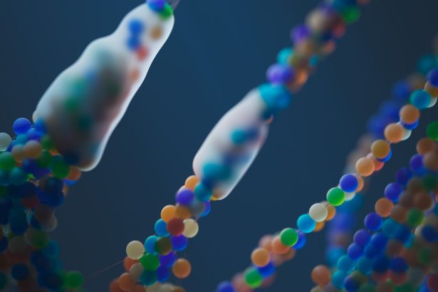 Representação abstrata e colorida de fitas de DNA em close-up, evocando pesquisa genética e análise do genoma.