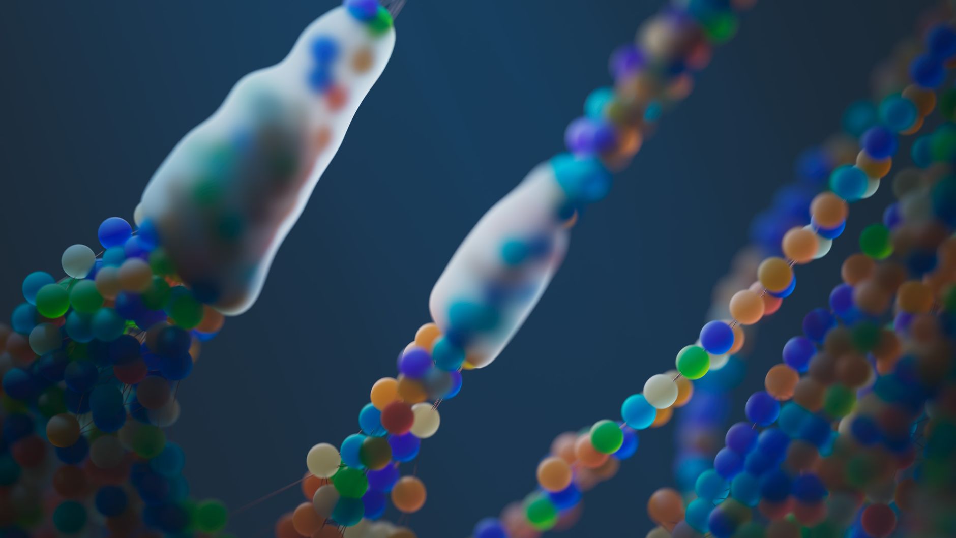 Representação abstrata e colorida de fitas de DNA em close-up, evocando pesquisa genética e análise do genoma.