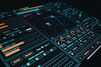 Interface digital com elementos gráficos e controles interativos, usada como ilustração de um sistema de controle tecnológico.