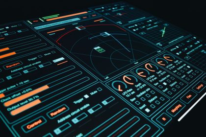 Interface digital com elementos gráficos e controles interativos, usada como ilustração de um sistema de controle tecnológico.
