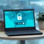 Laptop exibindo um ícone de cadeado sobre uma mesa, em uma composição que remete à segurança e à proteção de dados digitais.