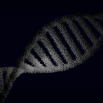 Representação artística de uma fita de DNA com partículas luminosas sobre um fundo escuro