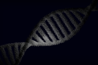 Representação artística de uma fita de DNA com partículas luminosas sobre um fundo escuro