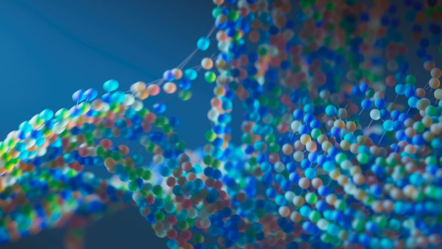 Representação digital colorida de uma estrutura molecular formada por esferas interconectadas.
