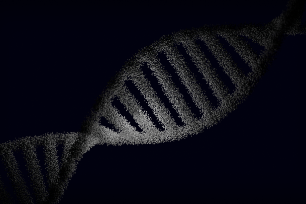 Representação artística de uma fita de DNA com partículas luminosas sobre um fundo escuro