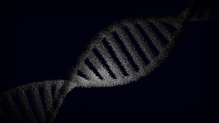 Representação artística de uma fita de DNA com partículas luminosas sobre um fundo escuro