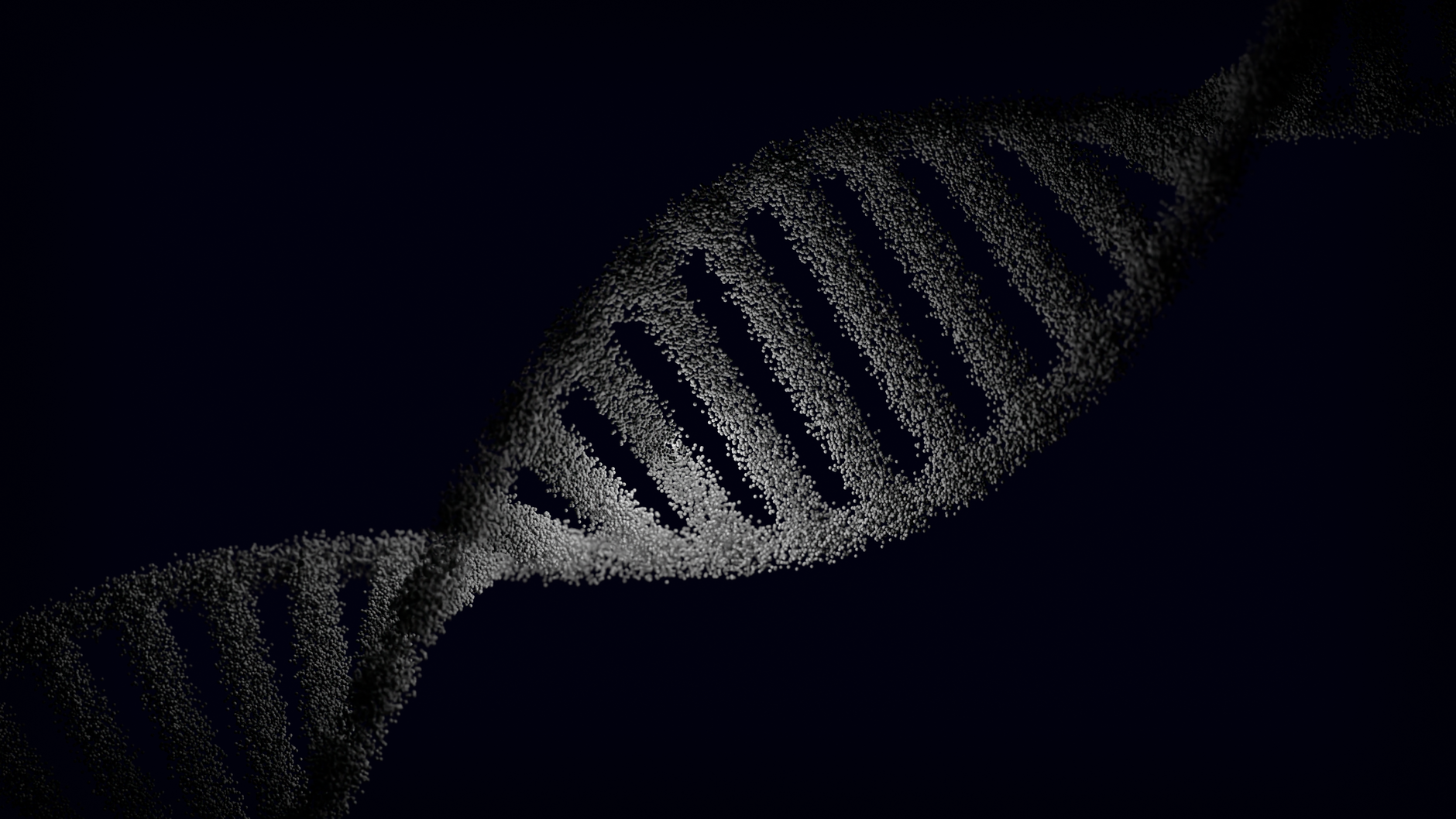 Representação artística de uma fita de DNA com partículas luminosas sobre um fundo escuro