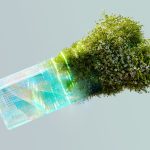 Imagem conceitual que combina elementos digitais e naturais para representar a relação entre inteligência artificial e sustentabilidade.