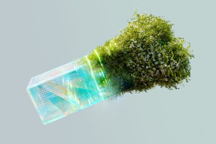 Imagem conceitual que combina elementos digitais e naturais para representar a relação entre inteligência artificial e sustentabilidade.