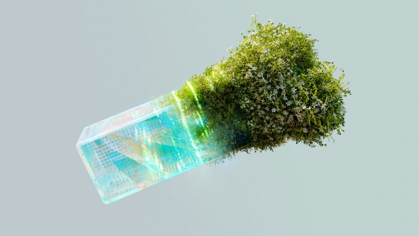 Imagem conceitual que combina elementos digitais e naturais para representar a relação entre inteligência artificial e sustentabilidade.