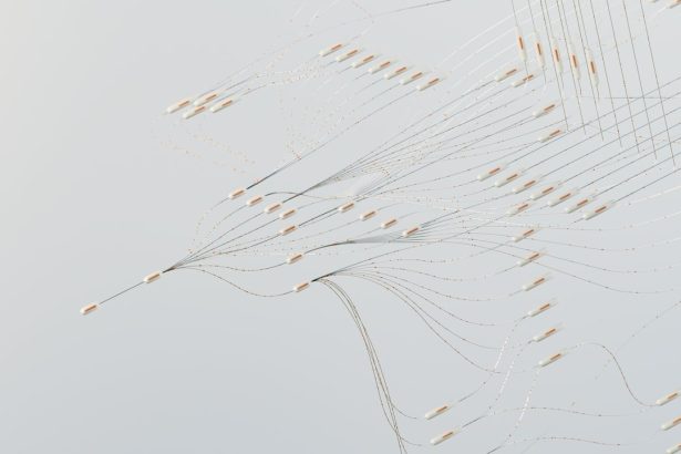 Rede neural digital com conexões luminosas e fluxos de dados em uma composição abstrata.