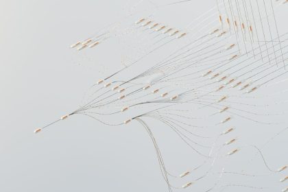 Ilustração abstrata de redes neurais digitais conectadas e fluxos de dados em tons azulados.